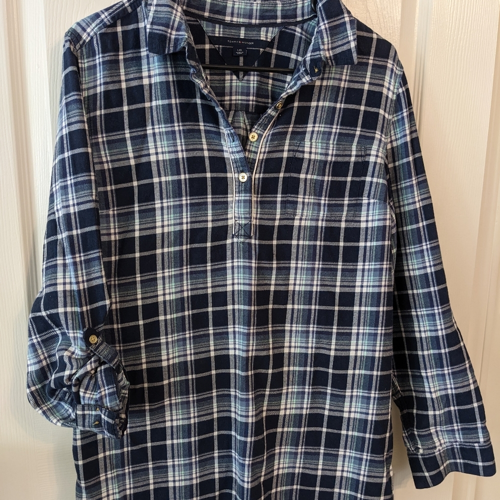 Tommy Hilfiger Ladies Blue Plaid Cotton Tunic Blouse Large